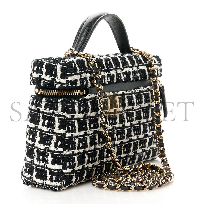 Ch**el tweed quilted top handle slim long vanity black ecru white ap4385 (19.5*17*5cm)